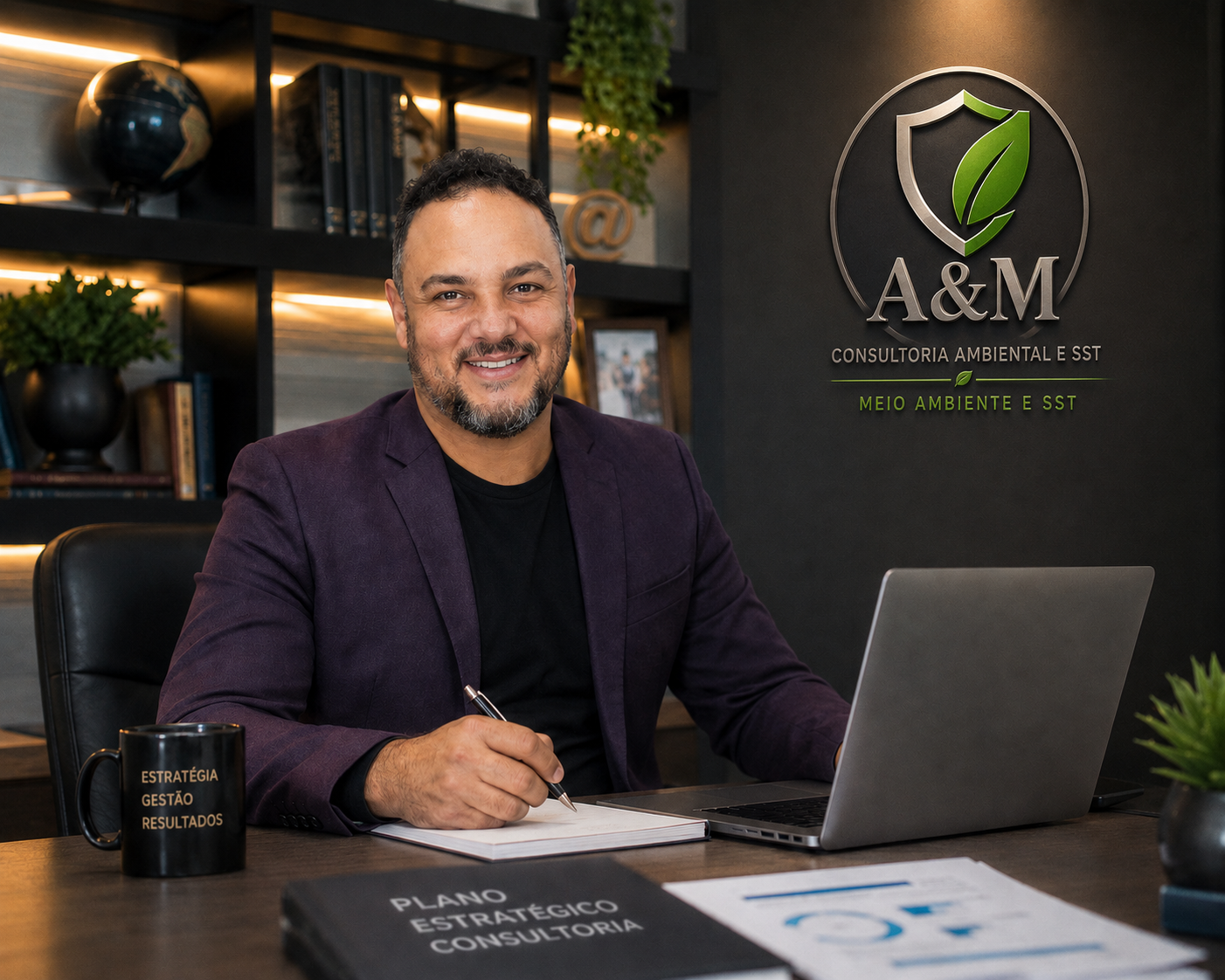 Consultor A&M em escritório com logo da marca